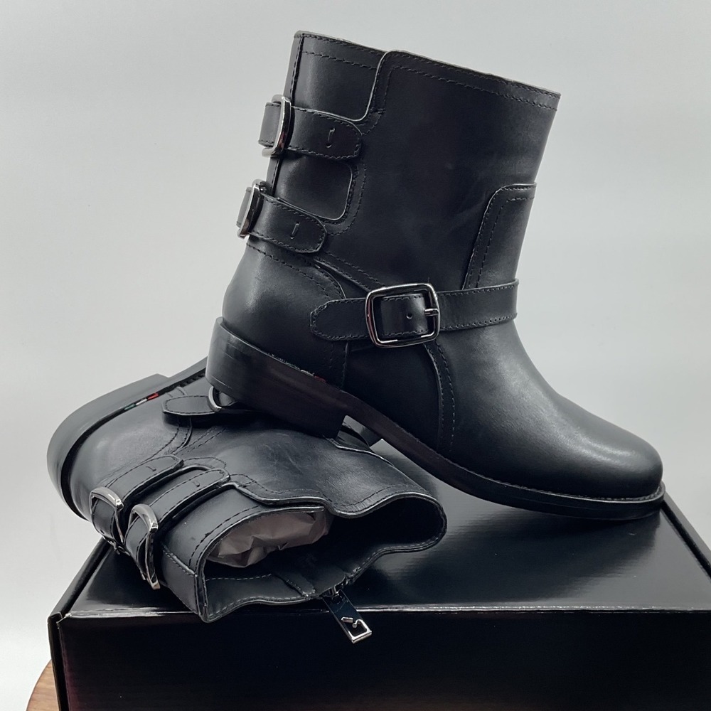 Franco sarto Womens Black Leather Triple Buckle Moto Ankle Boots Side Zip 6.5M